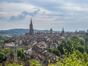 High angle view of townscape against sky in city