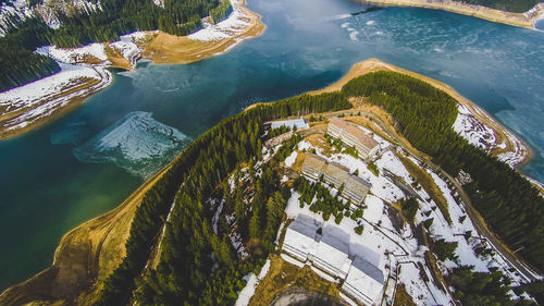 High angle view of lake by trees