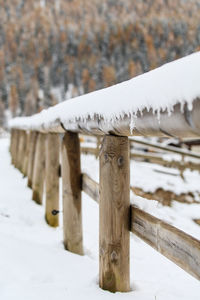 Snow covered wooden post