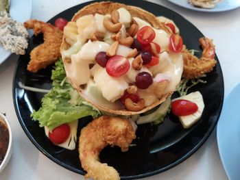 High angle view of food served in plate