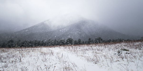 Scenic view of snowcapped mountains during winter