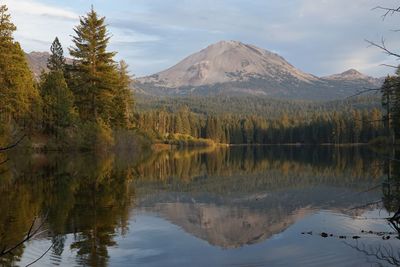 Scenic view of lake by mountains against sky