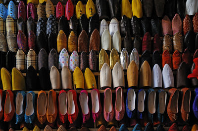 Full frame shot of colorful shoes for sale at market