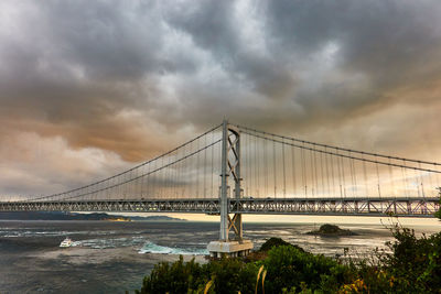 View of suspension bridge over sea against cloudy sky during sunset