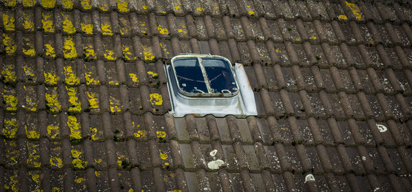 High angle view of text on roof