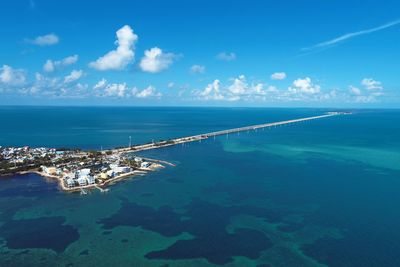 Aerial view of sea against blue sky