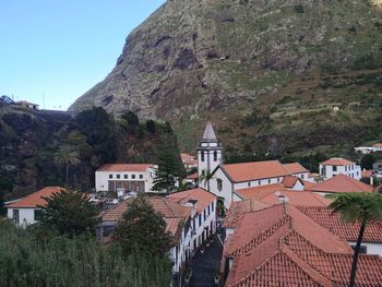 Catholic church and old town with tiled roofs. sao vicente, madeira.