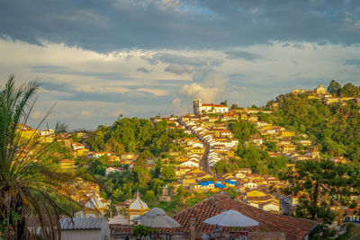 High angle view of buildings against sky