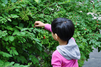 Rear view of girl standing by plants