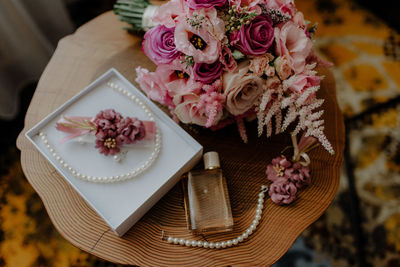 High angle view of rose bouquet on table