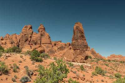 Low angle view of rock formations against clear sky