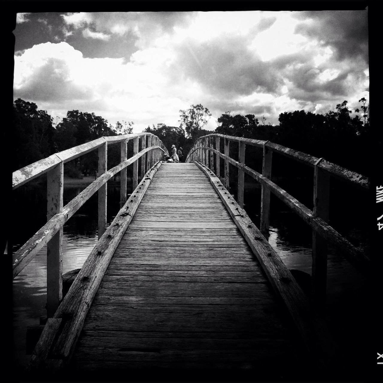 transfer print, sky, the way forward, railing, auto post production filter, built structure, footbridge, wood - material, cloud - sky, connection, architecture, tree, bridge - man made structure, bridge, water, diminishing perspective, boardwalk, tranquility, cloud, wood