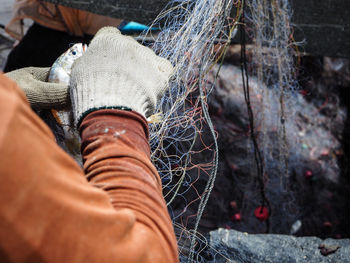 Low section of person unpacking crab