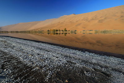 1200 sumu jaran lake's western megadune reflected on mirroring water. badain jaran desert-china.