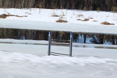 Snow covered field by trees during winter
