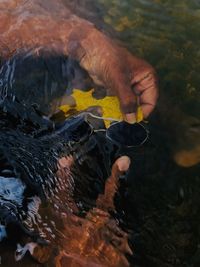 High angle view of hand holding sunglasses in lake