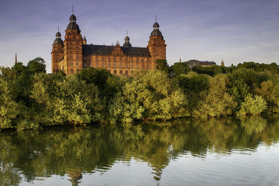 Reflection of trees and buildings in lake