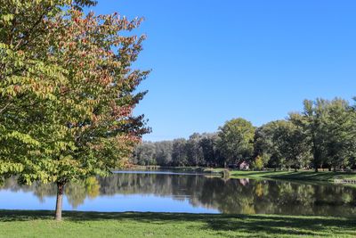 Scenic view of lake against clear blue sky