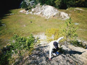 High angle view of man standing on rock against trees