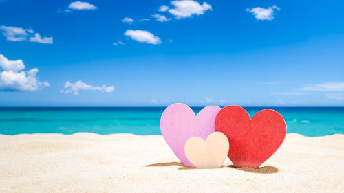 Heart shape on beach against sky