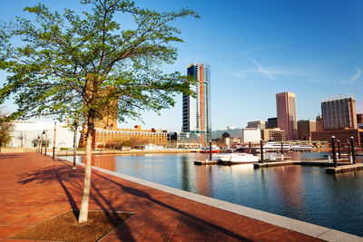 Scenic view of river by buildings against sky