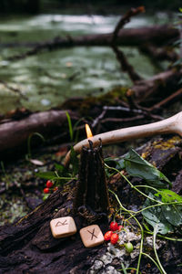 Close-up of cigarette on wood