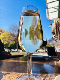 Close-up of beer glass on table