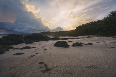 Surface level of beach against sky during sunset