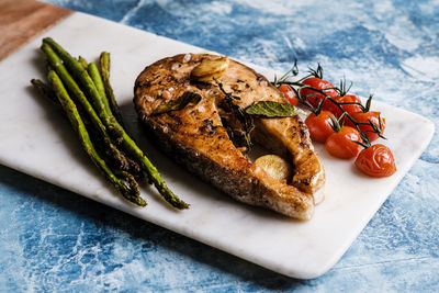 High angle view of meat in plate on table