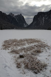 Scenic view of snow covered mountains against sky