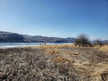 Scenic view of land against clear blue sky