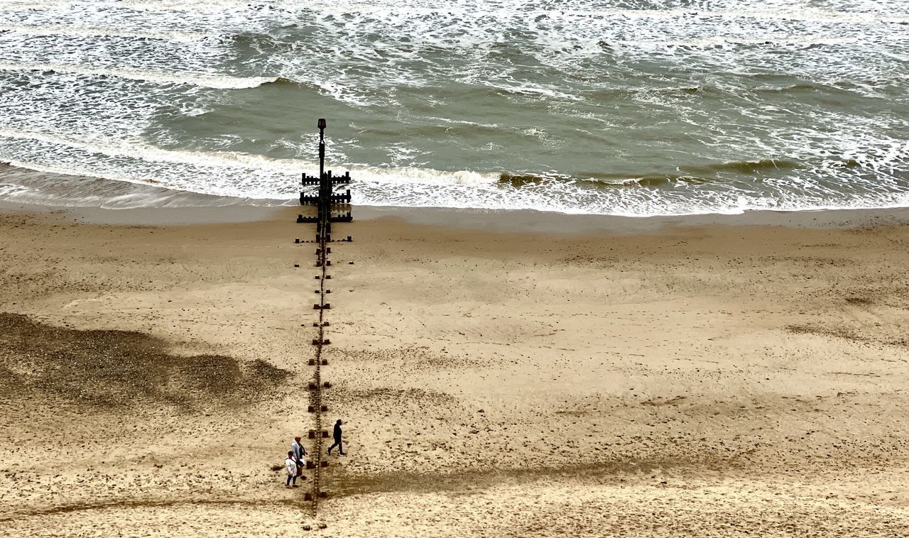 HIGH ANGLE VIEW OF PARASOLS ON SHORE