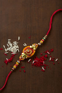 High angle view of red berries on table