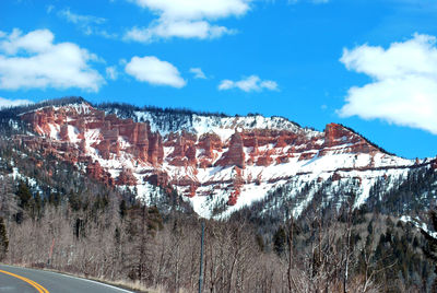 Panoramic view of snowcapped mountains against blue sky