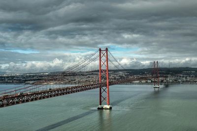 Suspension bridge over river against cloudy sky