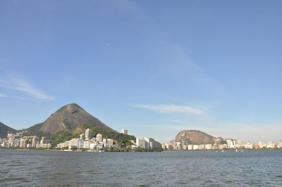 Scenic view of sea by buildings against sky