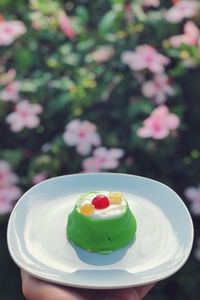 Close-up of cassata siciliana in plate on table