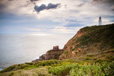 Lighthouse by sea against sky