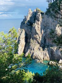 Scenic view of rocks by sea against sky