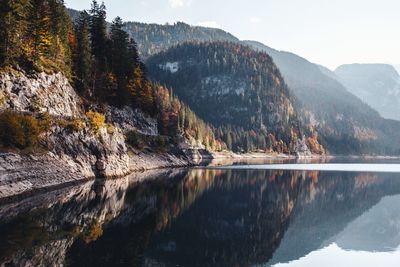 Scenic view of lake by mountains against sky