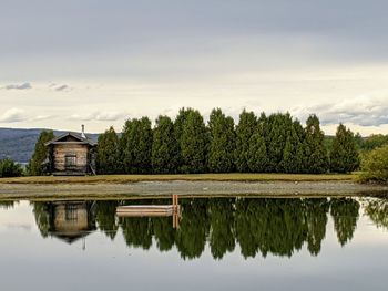 Reflection of trees in lake against sky