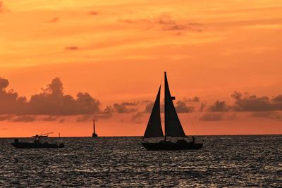 Sailboat sailing in sea at sunset