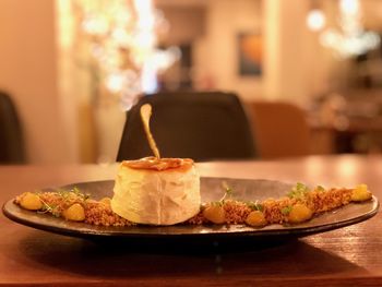 Close-up of dessert in plate on table