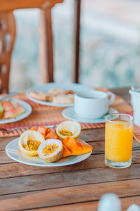 High angle view of breakfast served on table