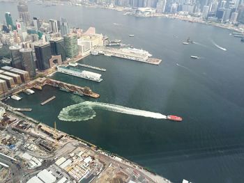 High angle view of ship moored at harbor