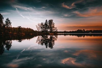 Scenic view of lake against sky at sunset