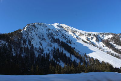 Scenic view of snowcapped mountains against clear sky