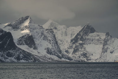 Scenic view of snowcapped mountains against sky during winter