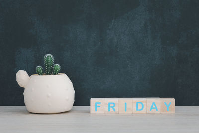 Close-up of potted plant on table against wall