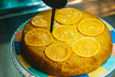 High angle view of orange slices on table